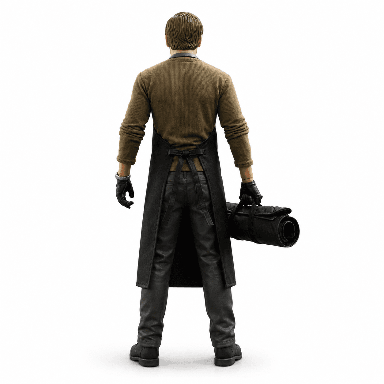 Rear view of the Dexter figure wearing an apron and holding a rolled tool bag